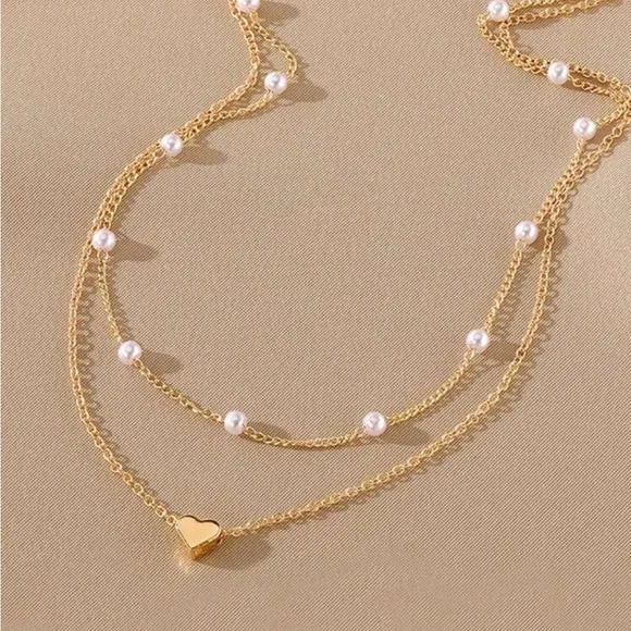 Smooth Heart Gold Color Pendant Necklace 2pcs/set Pearl - Picture 2 of 4